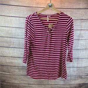 Red Camel Burgundy & White Striped Lace-Up Long Sleeve Top